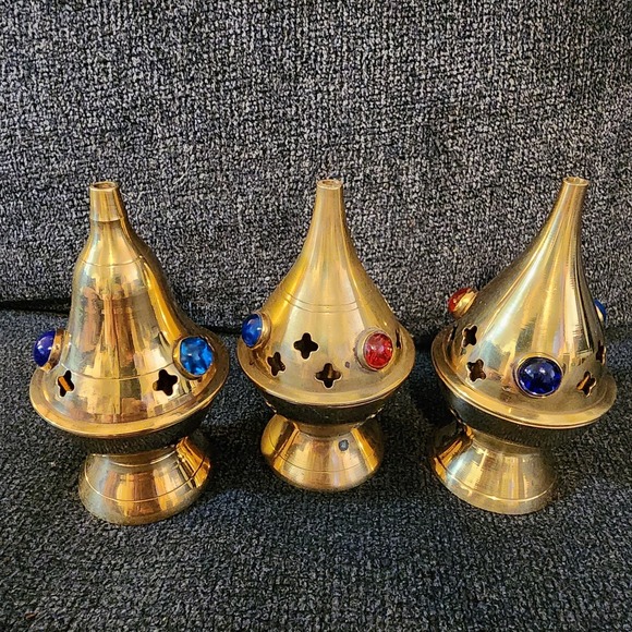 Set Of 3 Brass Incense Burner/ Tea Candle Holder‎ India 4" - Picture 2 of 14